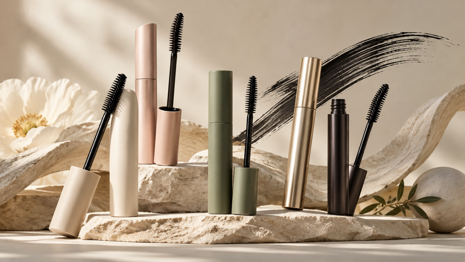 Minimalist collection of tubing mascara tubes and wands representing cruelty-free mascara picks for 2026.