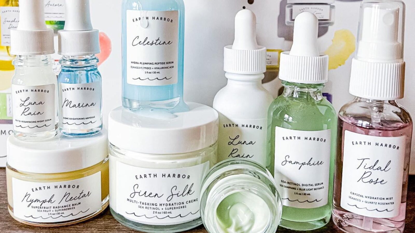 a line up of earth harbor naturals skincare products